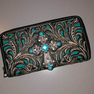 Western leather wallet with turquoise cross